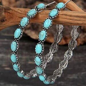 Turquoise and silver hoops earrings large